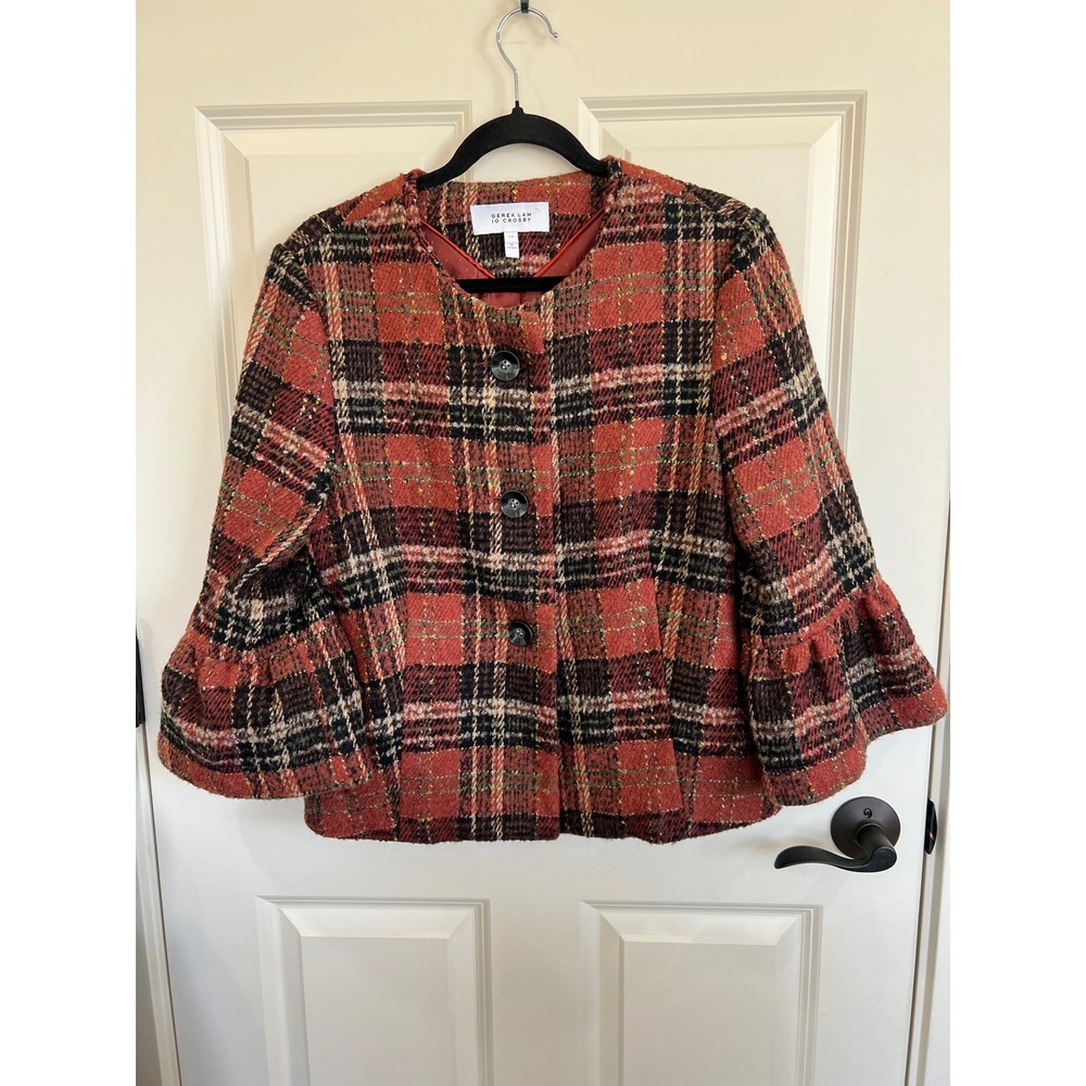 Derek Lam 10 Crosby Plaid Tweed Wool Blend Button Down Blazer Jacket Size Large